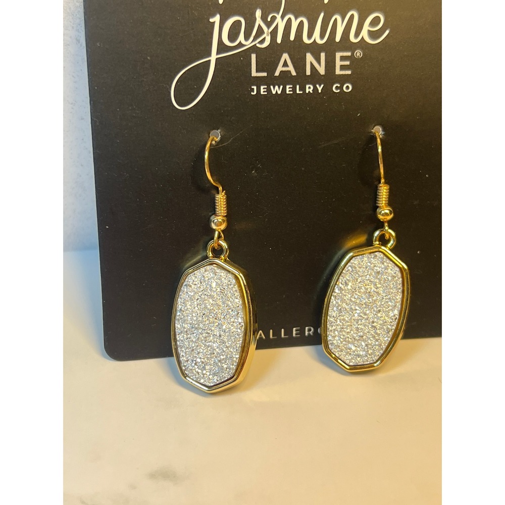 Jasmine Lane Gold Silver Glitter Druzy Hexagon Drop Earrings Hypoallergenic